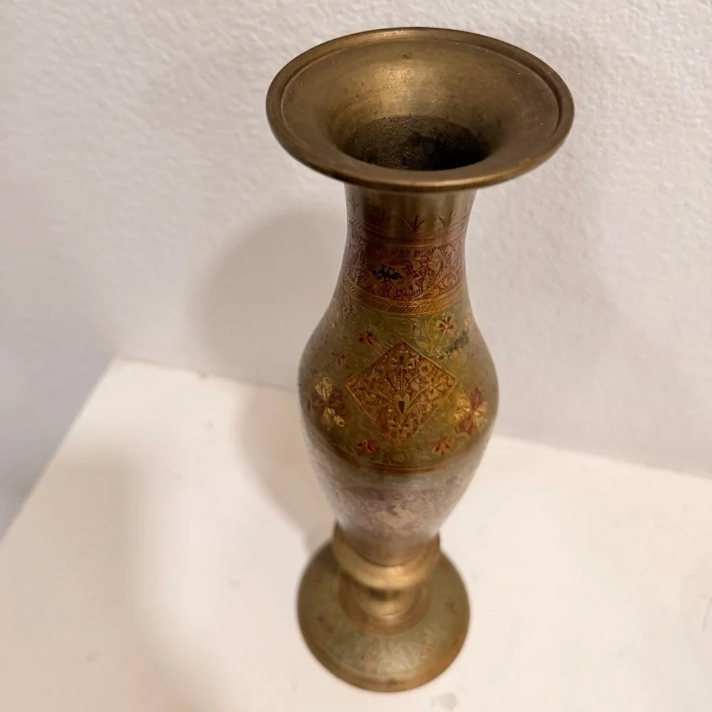Vintage Brass Enamel Vase | Etched Floral‎ Cloisonné Style Boho Decor
